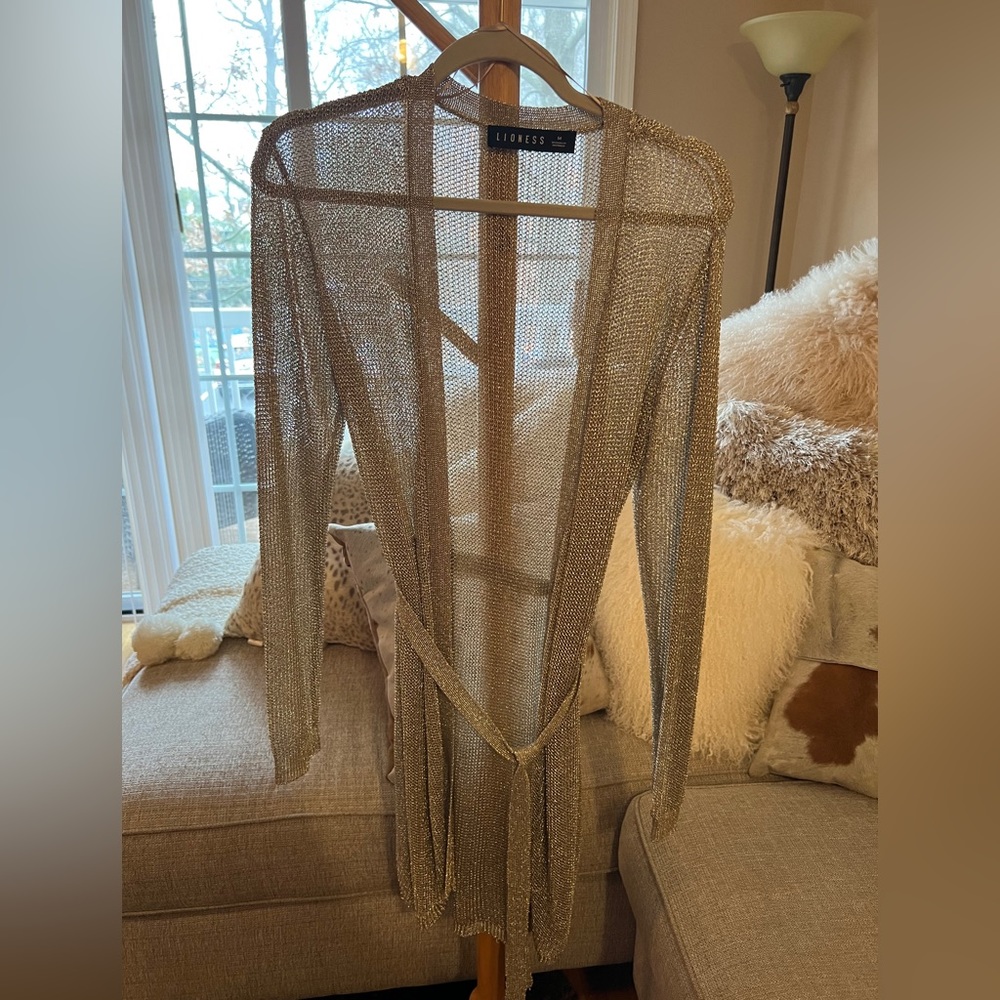 Gold belted wrap sweater